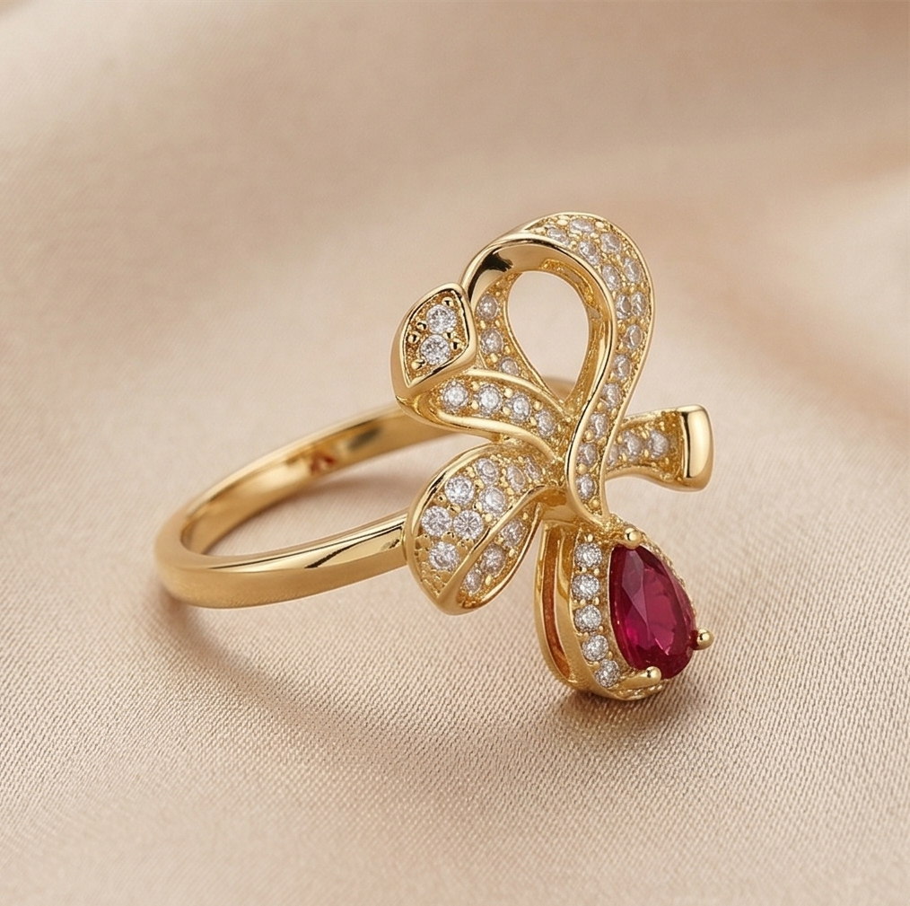 925 Sterling Silver Bow Ribbon Red Drop Ring Yellow Gold Finish Jewellery for Women - Size 8