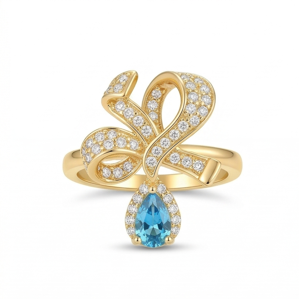 925 Sterling Silver Bow Ribbon Blue Drop Ring Yellow Gold Finish Jewellery for Women - Size 9