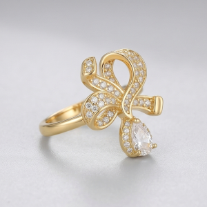 925 Sterling Silver Bow Ribbon Clear Drop Ring Yellow Gold Finish Jewellery for Women - Size 6