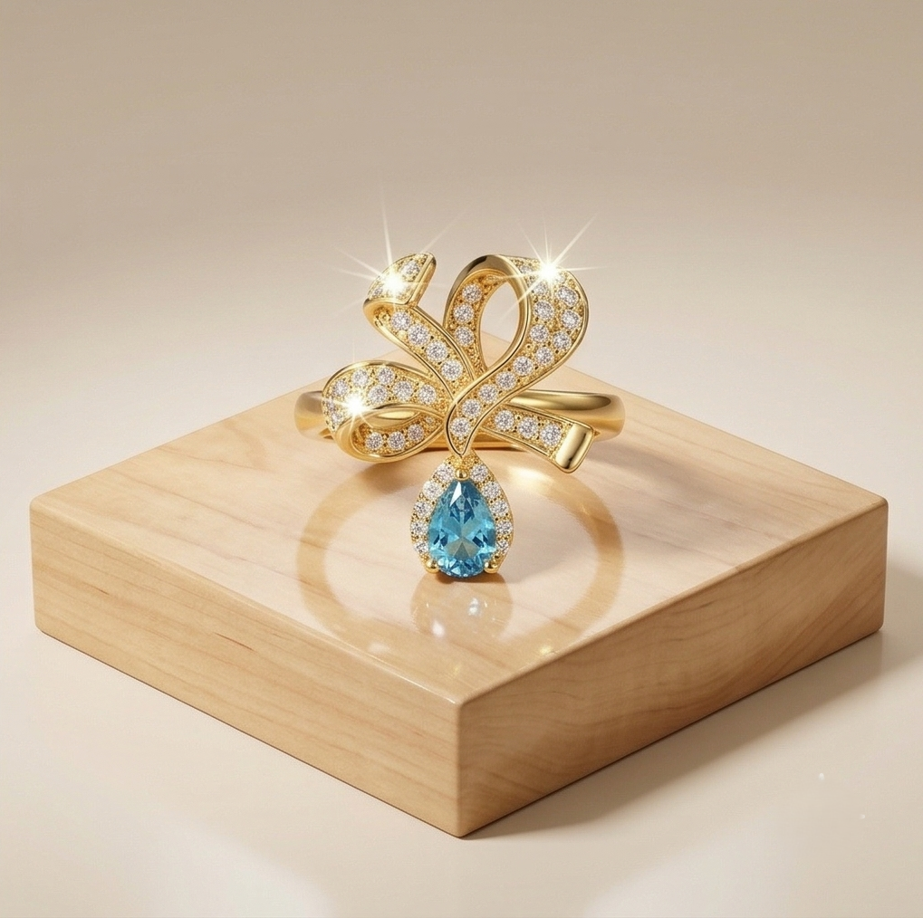925 Sterling Silver Bow Ribbon Blue Drop Ring Yellow Gold Finish Jewellery for Women - Size 9