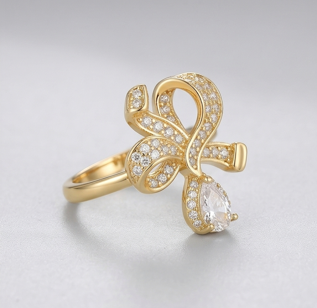 925 Sterling Silver Bow Ribbon Clear Drop Ring Yellow Gold Finish Jewellery for Women - Size 6