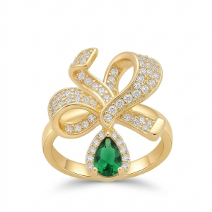 925 Sterling Silver Bow Ribbon Green Drop Ring Yellow Gold Finish Jewellery for Women - Size 6