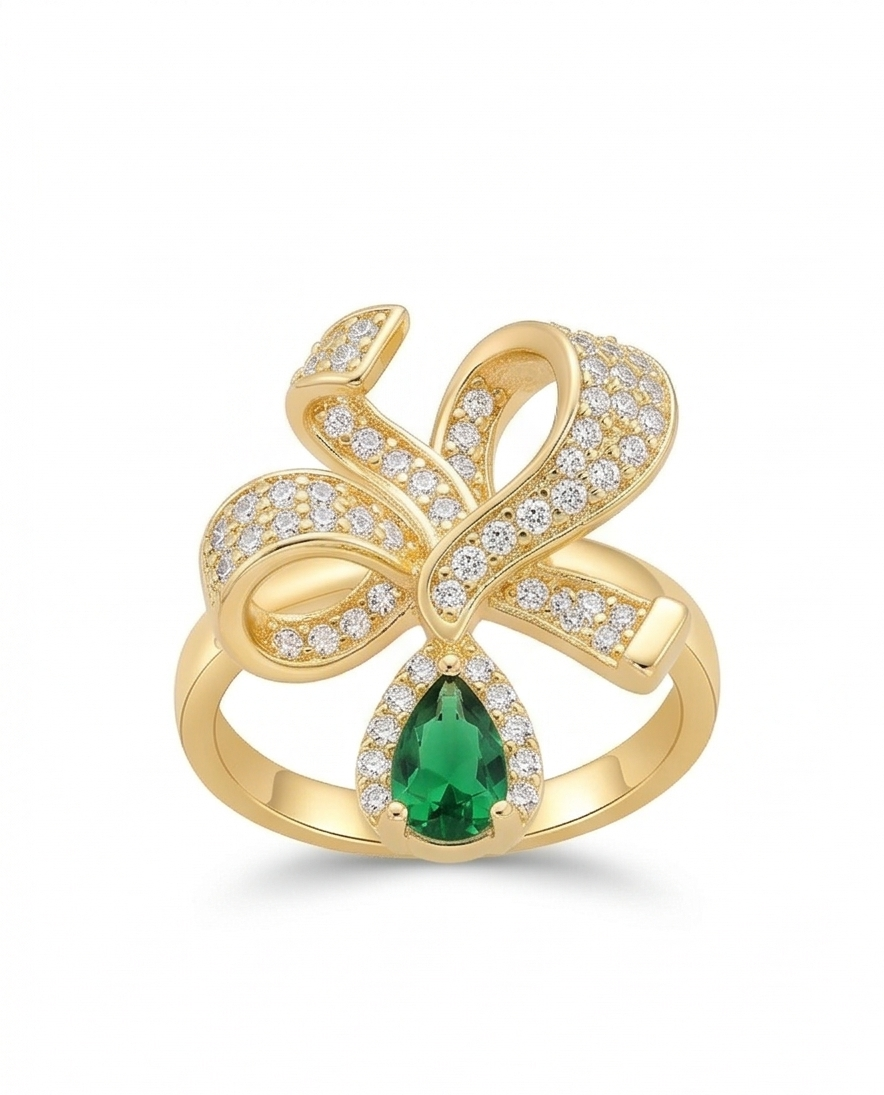 925 Sterling Silver Bow Ribbon Green Drop Ring Yellow Gold Finish Jewellery for Women - Size 6