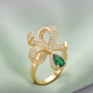 925 Sterling Silver Bow Ribbon Green Drop Ring Yellow Gold Finish Jewellery for Women - Size 6