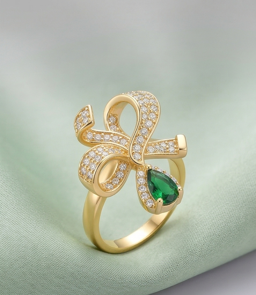 925 Sterling Silver Bow Ribbon Green Drop Ring Yellow Gold Finish Jewellery for Women - Size 6