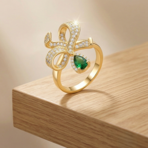 925 Sterling Silver Bow Ribbon Green Drop Ring Yellow Gold Finish Jewellery for Women - Size 6