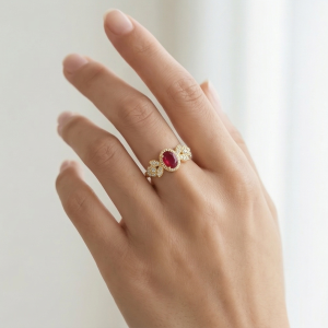 925 Sterling Silver Oval Red Halo Floral Ring Yellow Gold Finish Jewellery for Women - Size 8