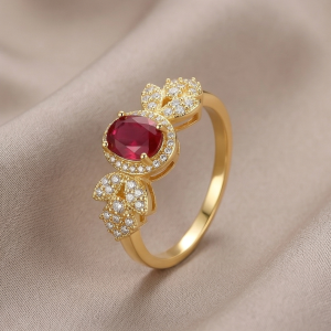 925 Sterling Silver Oval Red Halo Floral Ring Yellow Gold Finish Jewellery for Women - Size 8
