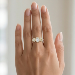 925 Sterling Silver Oval Clear Halo Floral Ring Yellow Gold Finish Jewellery for Women - Size 8