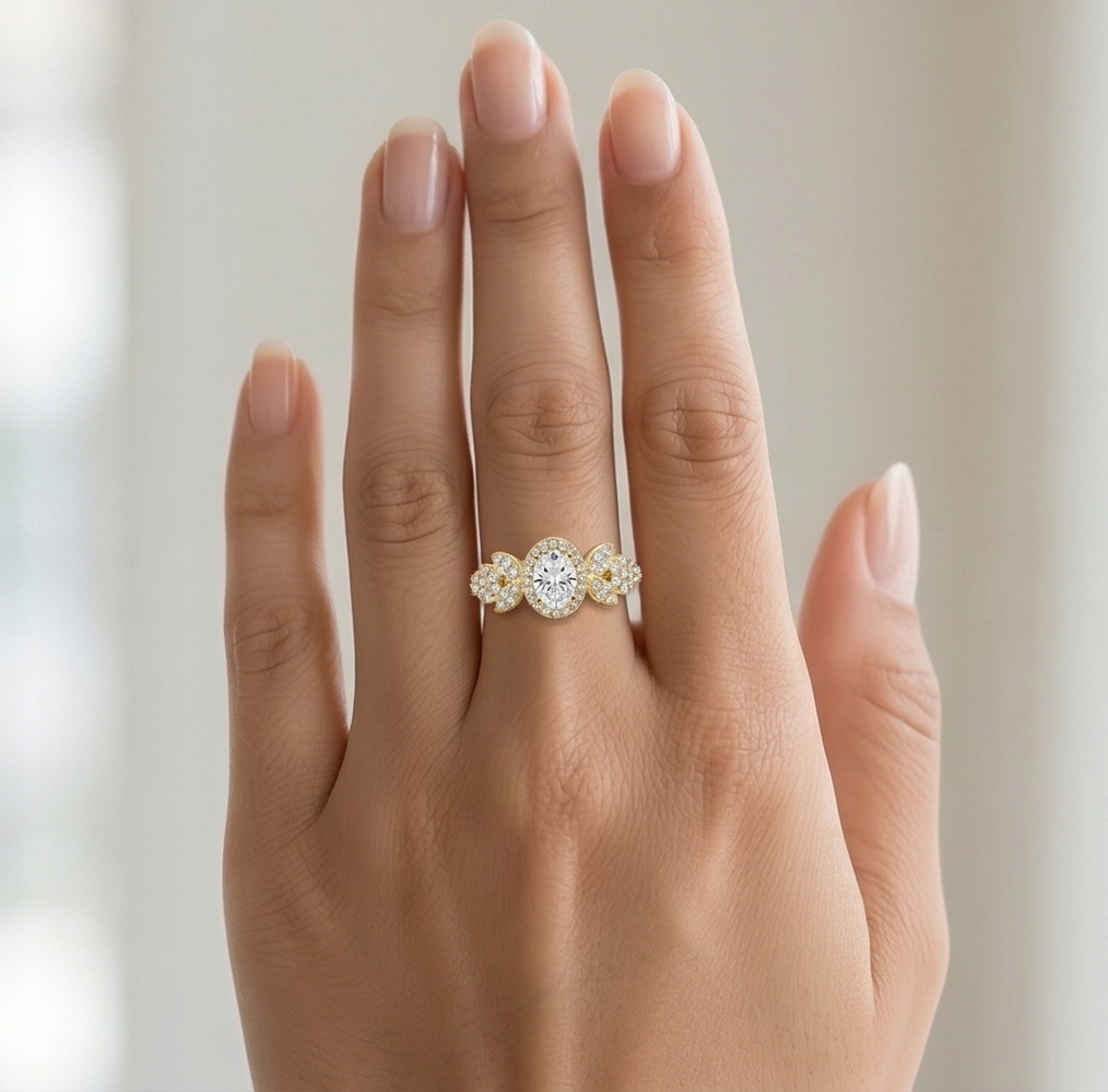 925 Sterling Silver Oval Clear Halo Floral Ring Yellow Gold Finish Jewellery for Women - Size 8