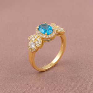 925 Sterling Silver Oval Blue Halo Floral Ring Yellow Gold Finish Jewellery for Women - Size 6