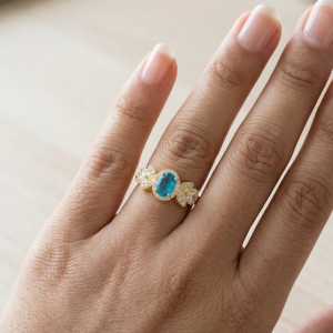 925 Sterling Silver Oval Blue Halo Floral Ring Yellow Gold Finish Jewellery for Women - Size 6