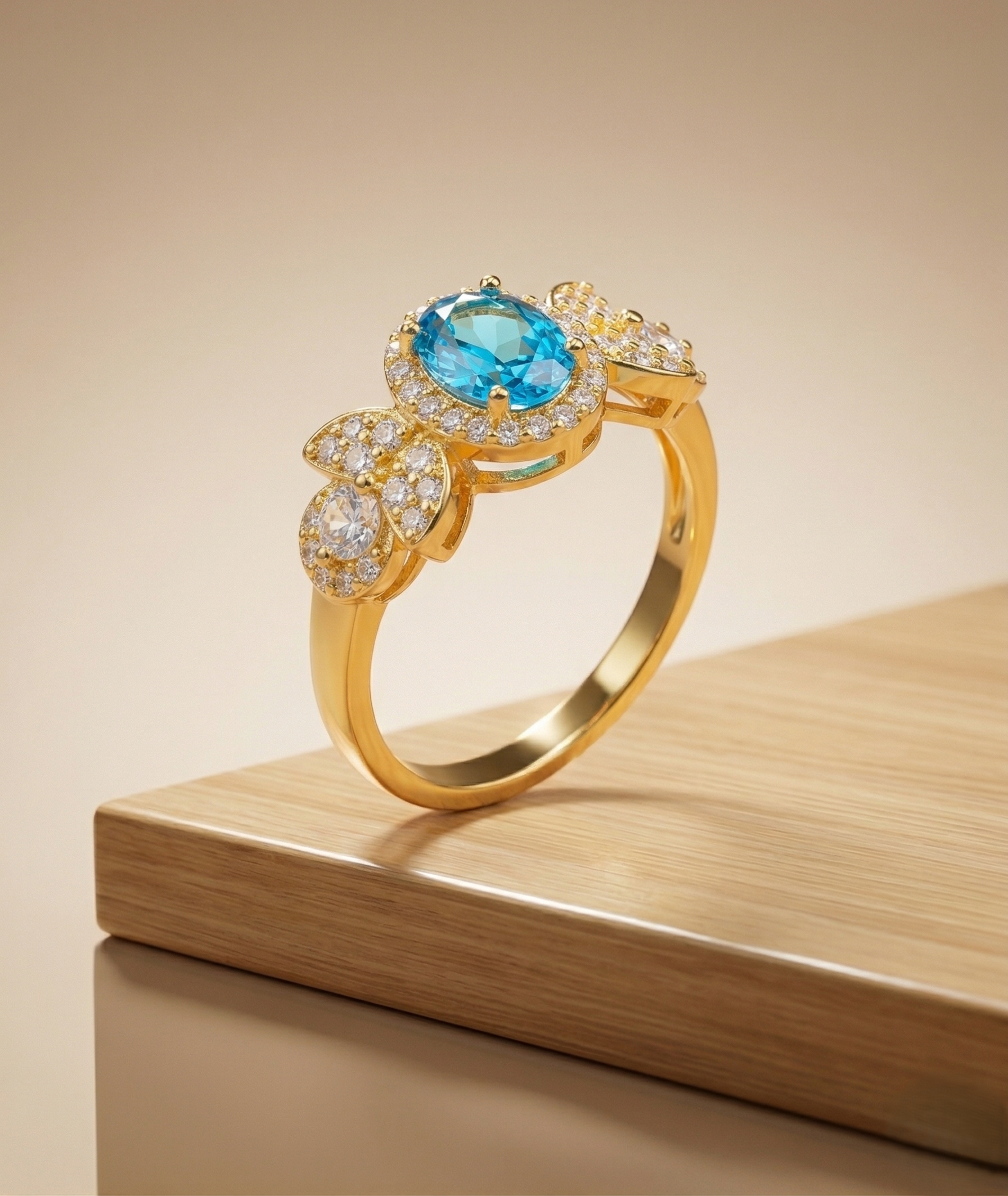 925 Sterling Silver Oval Blue Halo Floral Ring Yellow Gold Finish Jewellery for Women - Size 6