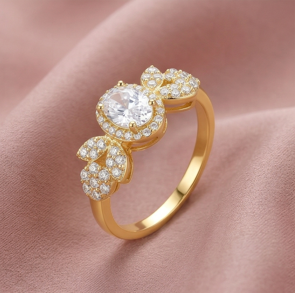 925 Sterling Silver Oval Clear Halo Floral Ring Yellow Gold Finish Jewellery for Women - Size 8