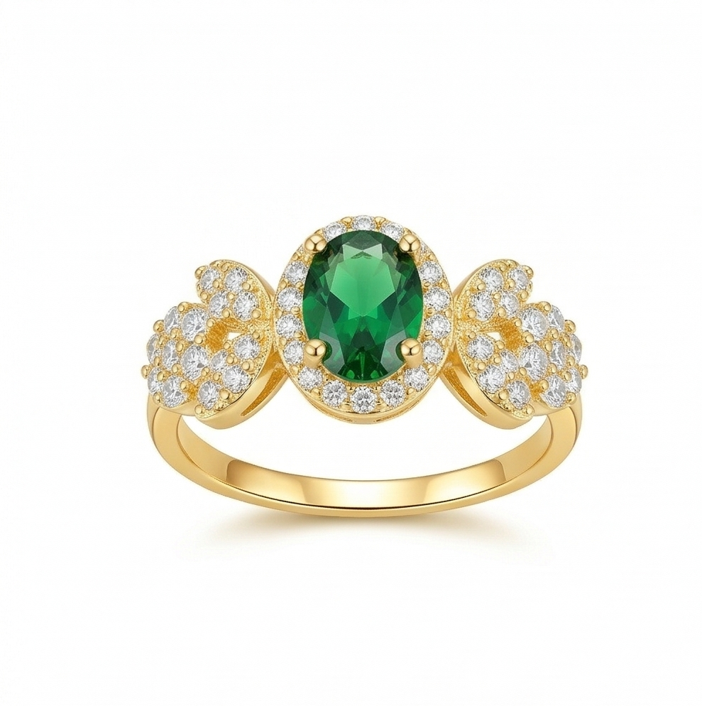 925 Sterling Silver Oval Green Halo Floral Ring Yellow Gold Finish Jewellery for Women - Size 7