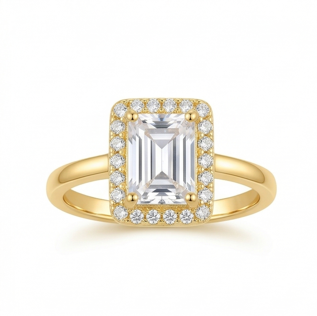925 Sterling Silver Clear Emerald Cut Halo Ring Yellow Gold Finish Jewellery for Women - Size 7
