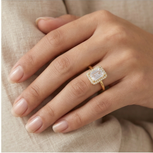 925 Sterling Silver Clear Emerald Cut Halo Ring Yellow Gold Finish Jewellery for Women - Size 7