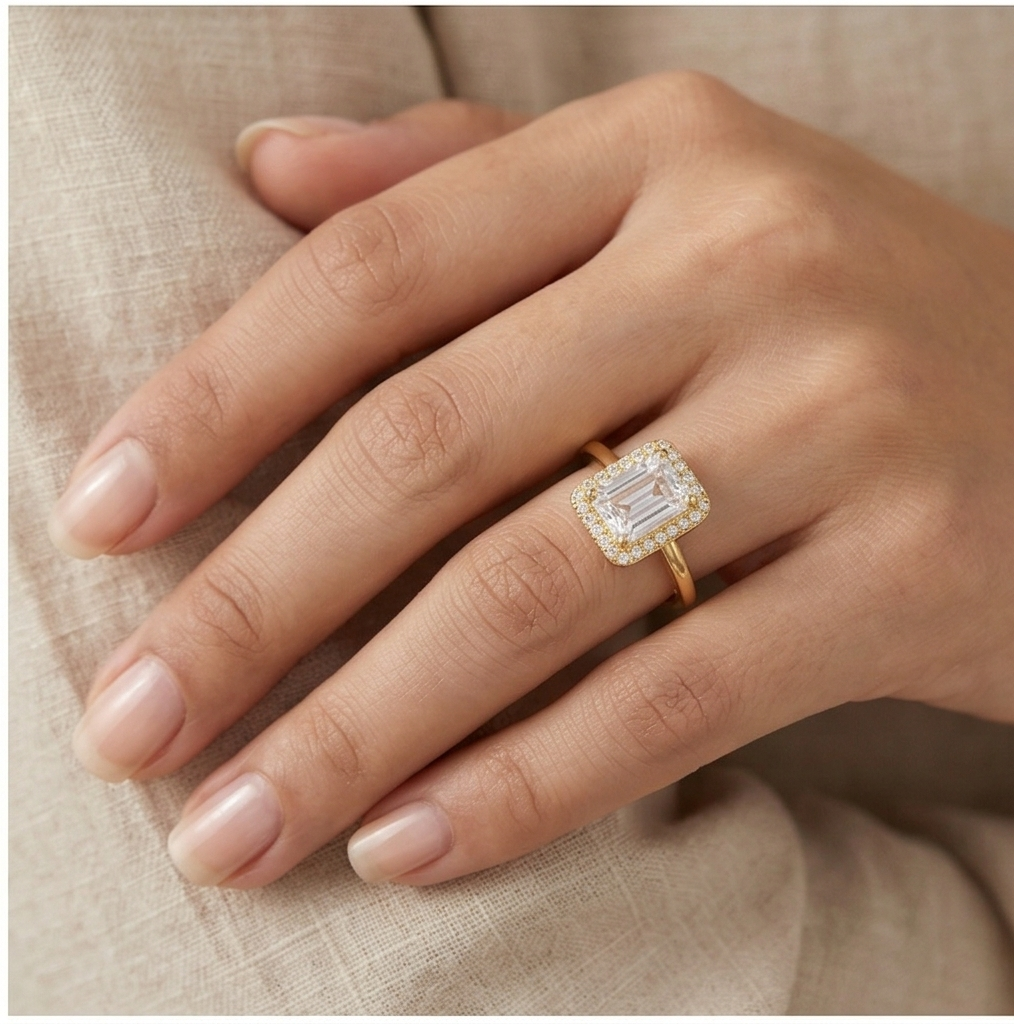 925 Sterling Silver Clear Emerald Cut Halo Ring Yellow Gold Finish Jewellery for Women - Size 7