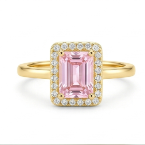 925 Sterling Silver Pink Emerald Cut Halo Ring Yellow Gold Finish Jewellery for Women - Size 9