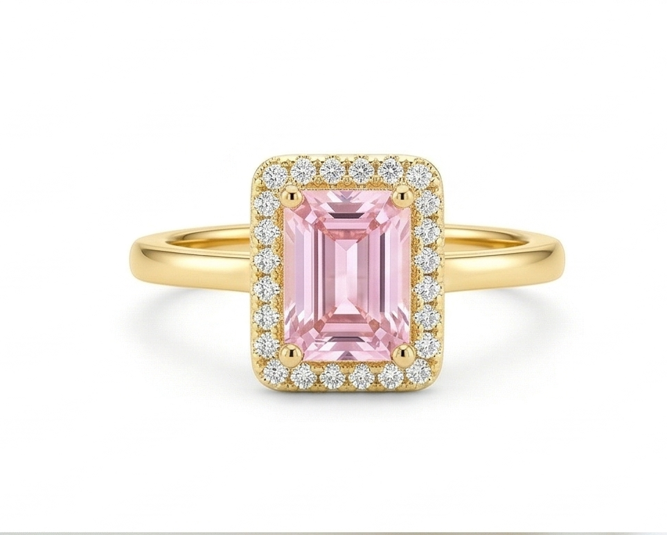 925 Sterling Silver Pink Emerald Cut Halo Ring Yellow Gold Finish Jewellery for Women - Size 9