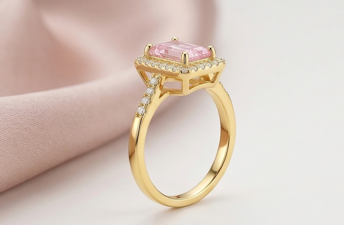925 Sterling Silver Pink Emerald Cut Halo Ring Yellow Gold Finish Jewellery for Women - Size 9