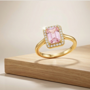 925 Sterling Silver Pink Emerald Cut Halo Ring Yellow Gold Finish Jewellery for Women - Size 9