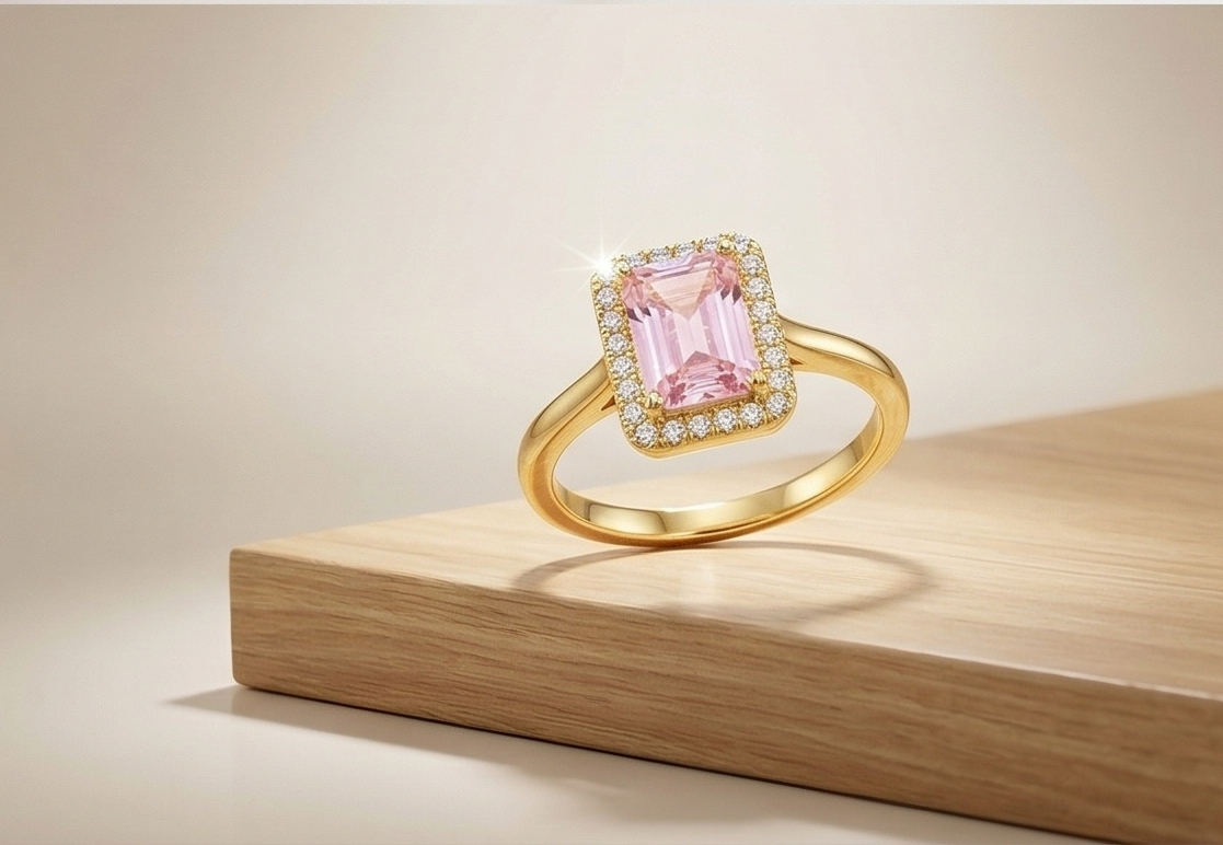 925 Sterling Silver Pink Emerald Cut Halo Ring Yellow Gold Finish Jewellery for Women - Size 9