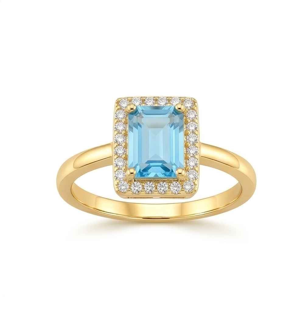 925 Sterling Silver Blue Emerald Cut Halo Ring Yellow Gold Finish Jewellery for Women - Size 8