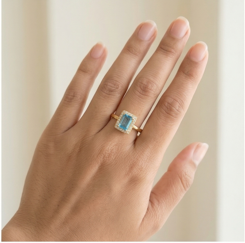 925 Sterling Silver Blue Emerald Cut Halo Ring Yellow Gold Finish Jewellery for Women - Size 8