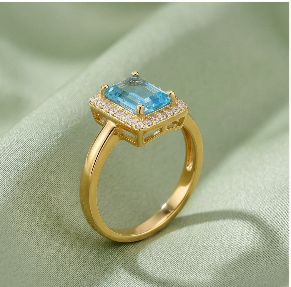 925 Sterling Silver Blue Emerald Cut Halo Ring Yellow Gold Finish Jewellery for Women - Size 8