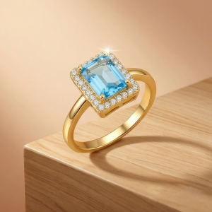 925 Sterling Silver Blue Emerald Cut Halo Ring Yellow Gold Finish Jewellery for Women - Size 8