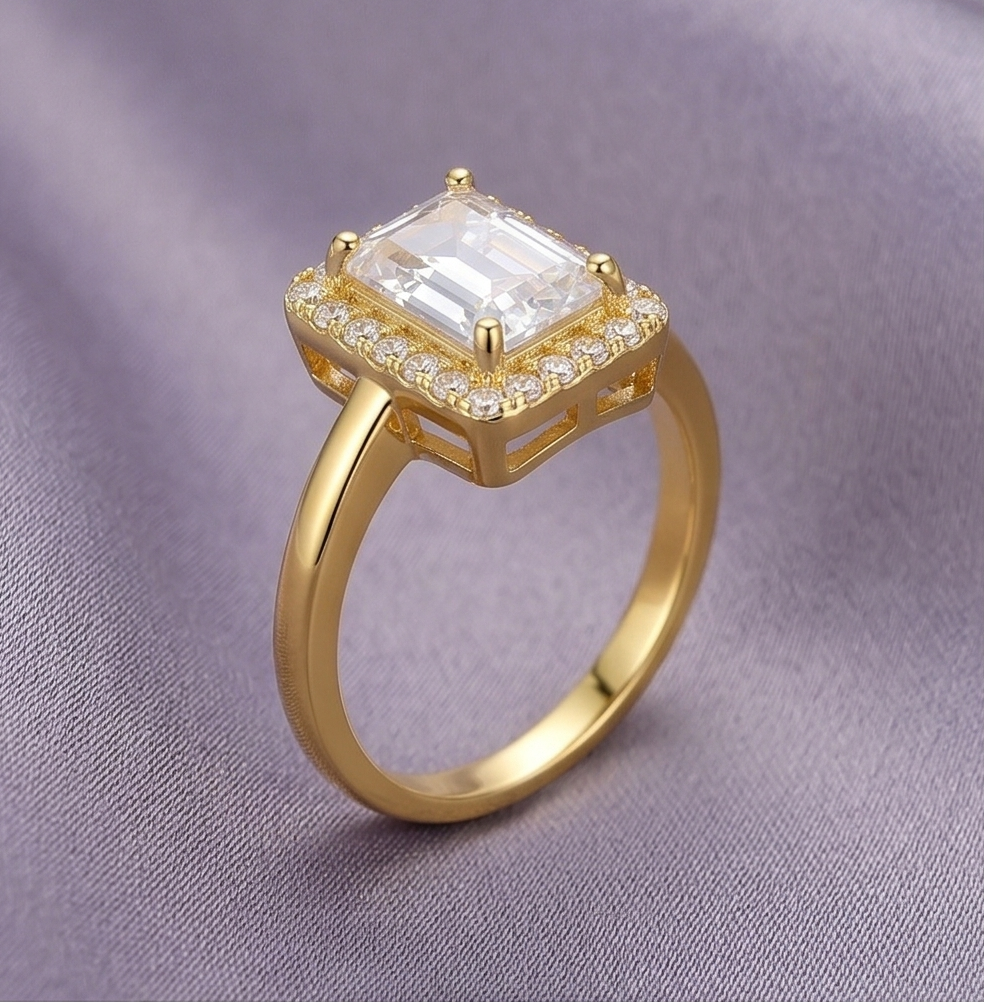 925 Sterling Silver Clear Emerald Cut Halo Ring Yellow Gold Finish Jewellery for Women - Size 9