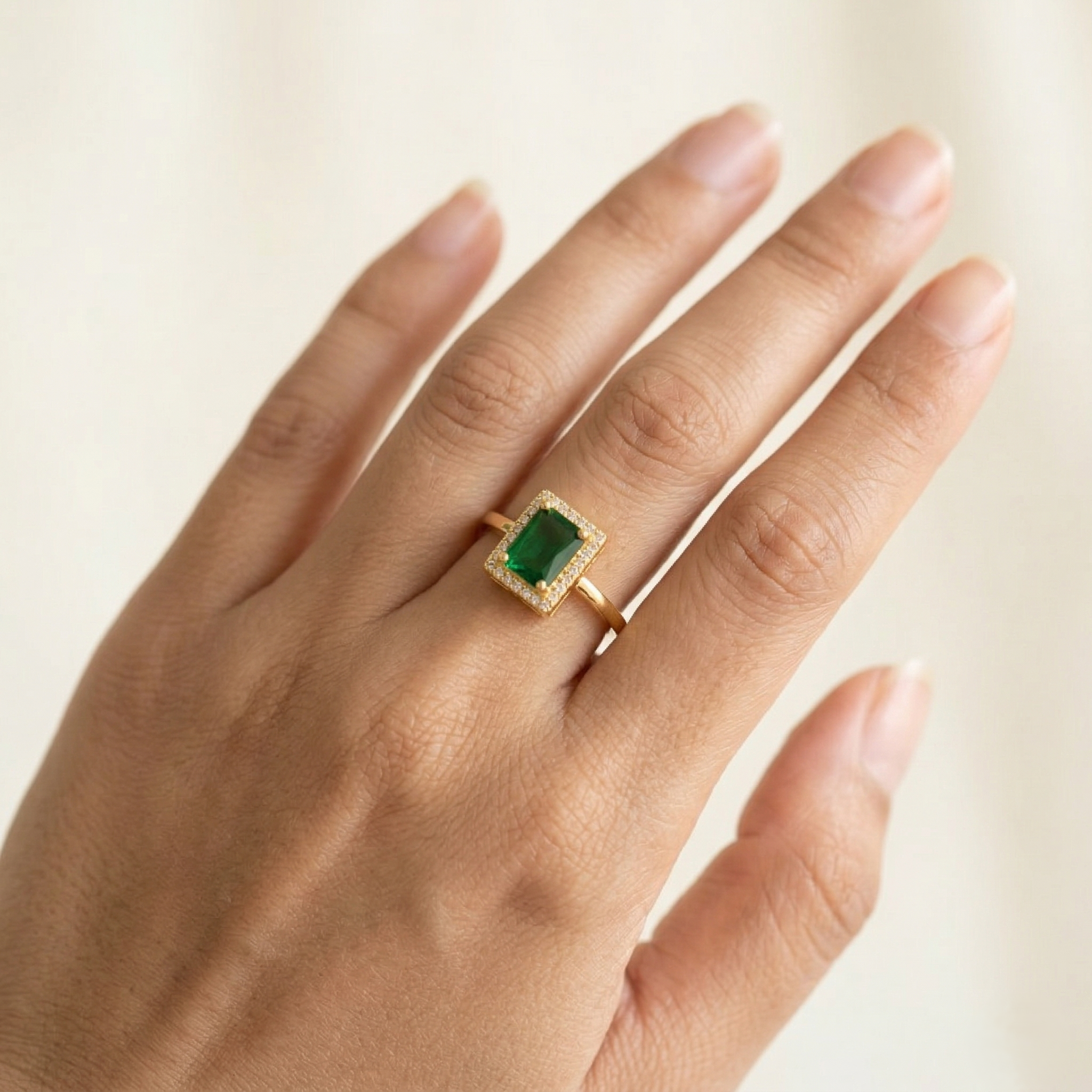 925 Sterling Silver Green Emerald Cut Halo Ring Yellow Gold Finish Jewellery for Women - Size 8