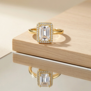 925 Sterling Silver Clear Emerald Cut Halo Ring Yellow Gold Finish Jewellery for Women - Size 9