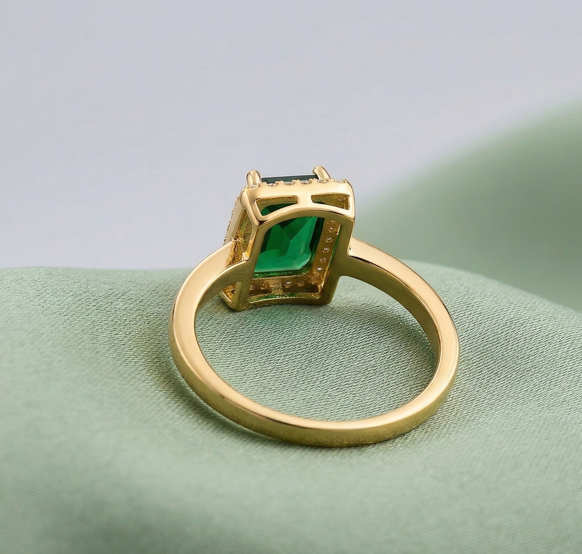 925 Sterling Silver Green Emerald Cut Halo Ring Yellow Gold Finish Jewellery for Women - Size 8