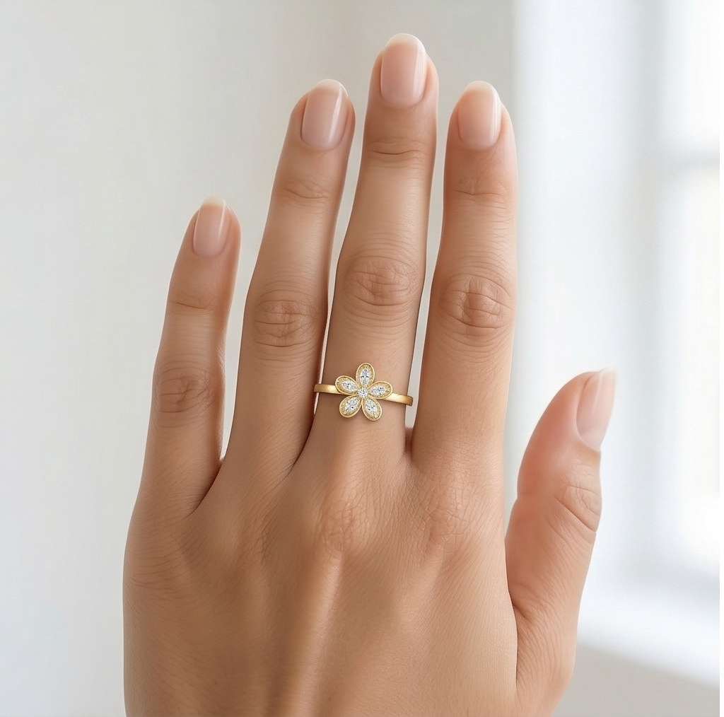925 Sterling Silver Clear Floral Ring Yellow Gold Finish Jewellery for Women - Size 8