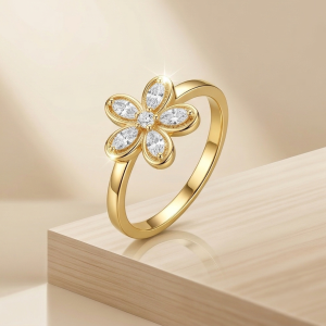 925 Sterling Silver Clear Floral Ring Yellow Gold Finish Jewellery for Women - Size 8