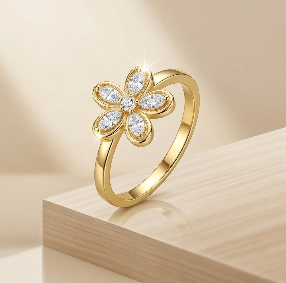 925 Sterling Silver Clear Floral Ring Yellow Gold Finish Jewellery for Women - Size 8