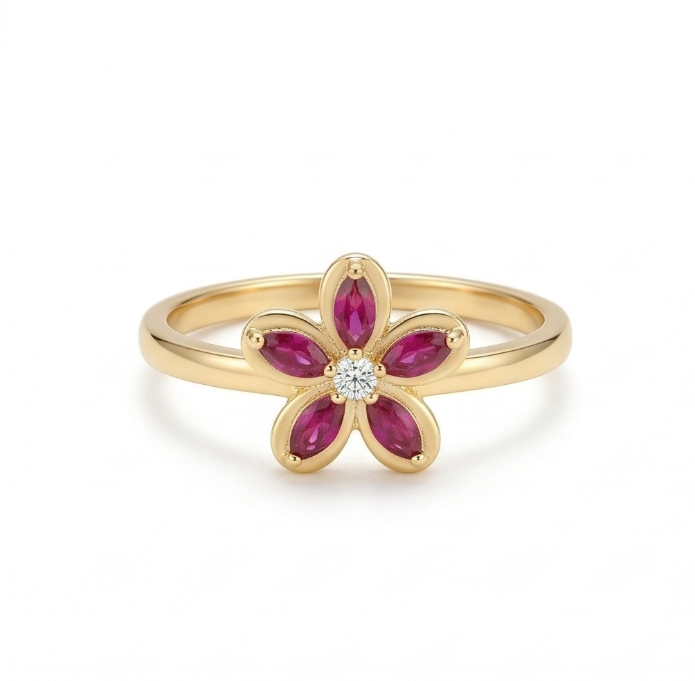 925 Sterling Silver Red Floral Ring Yellow Gold Finish Jewellery for Women - Size 8