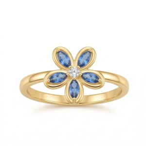 925 Sterling Silver Blue Floral Ring Yellow Gold Finish Jewellery for Women - Size 7