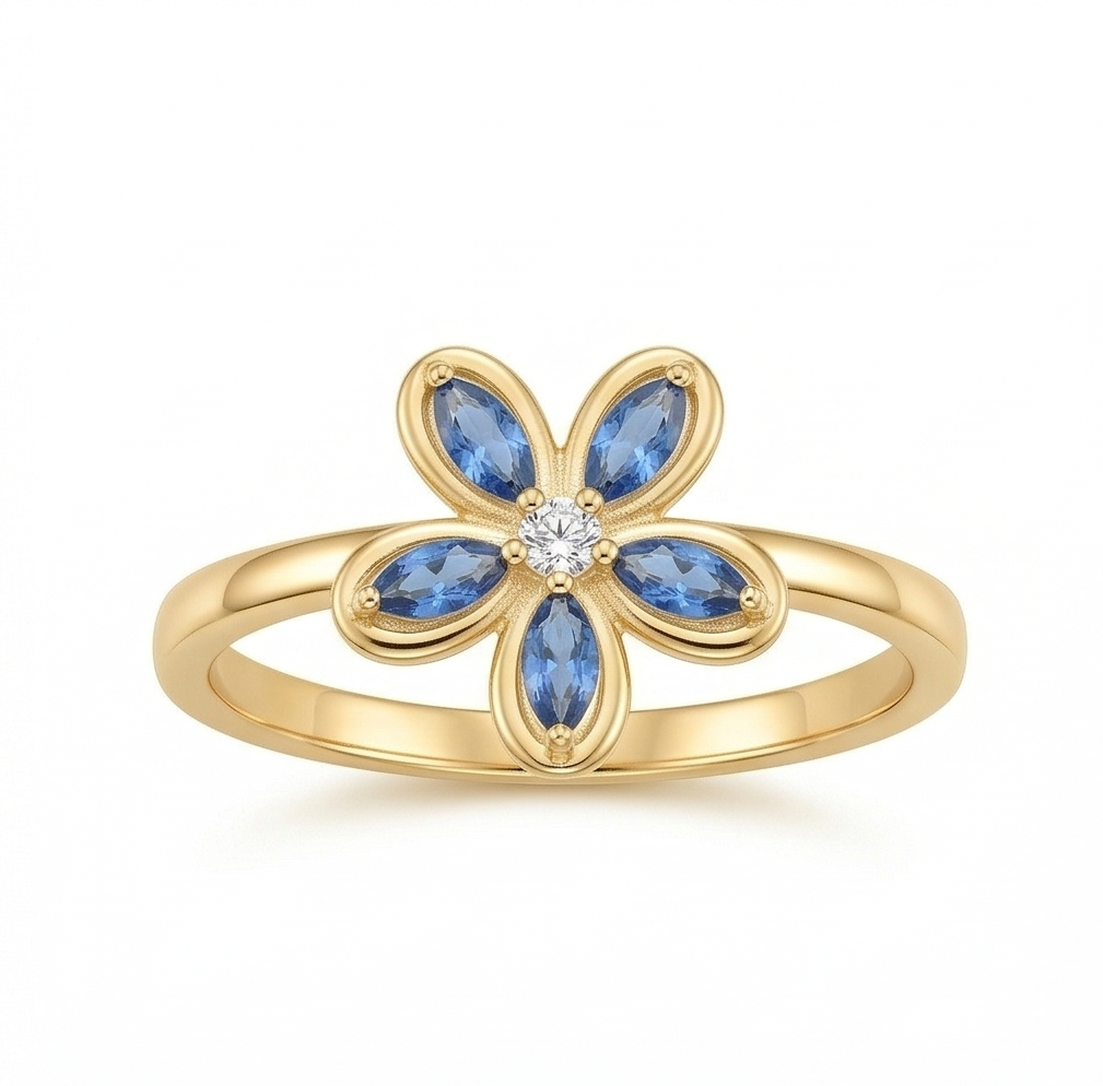 925 Sterling Silver Blue Floral Ring Yellow Gold Finish Jewellery for Women - Size 7