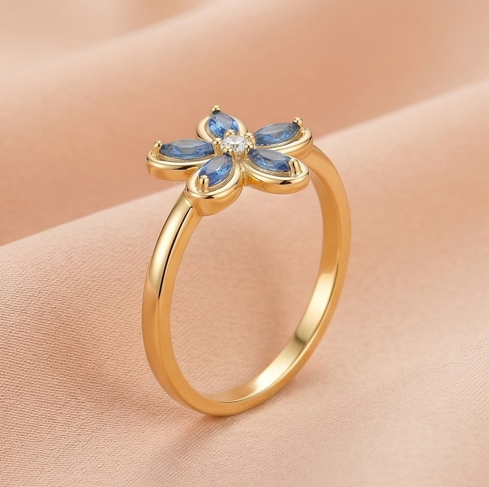 925 Sterling Silver Blue Floral Ring Yellow Gold Finish Jewellery for Women - Size 7