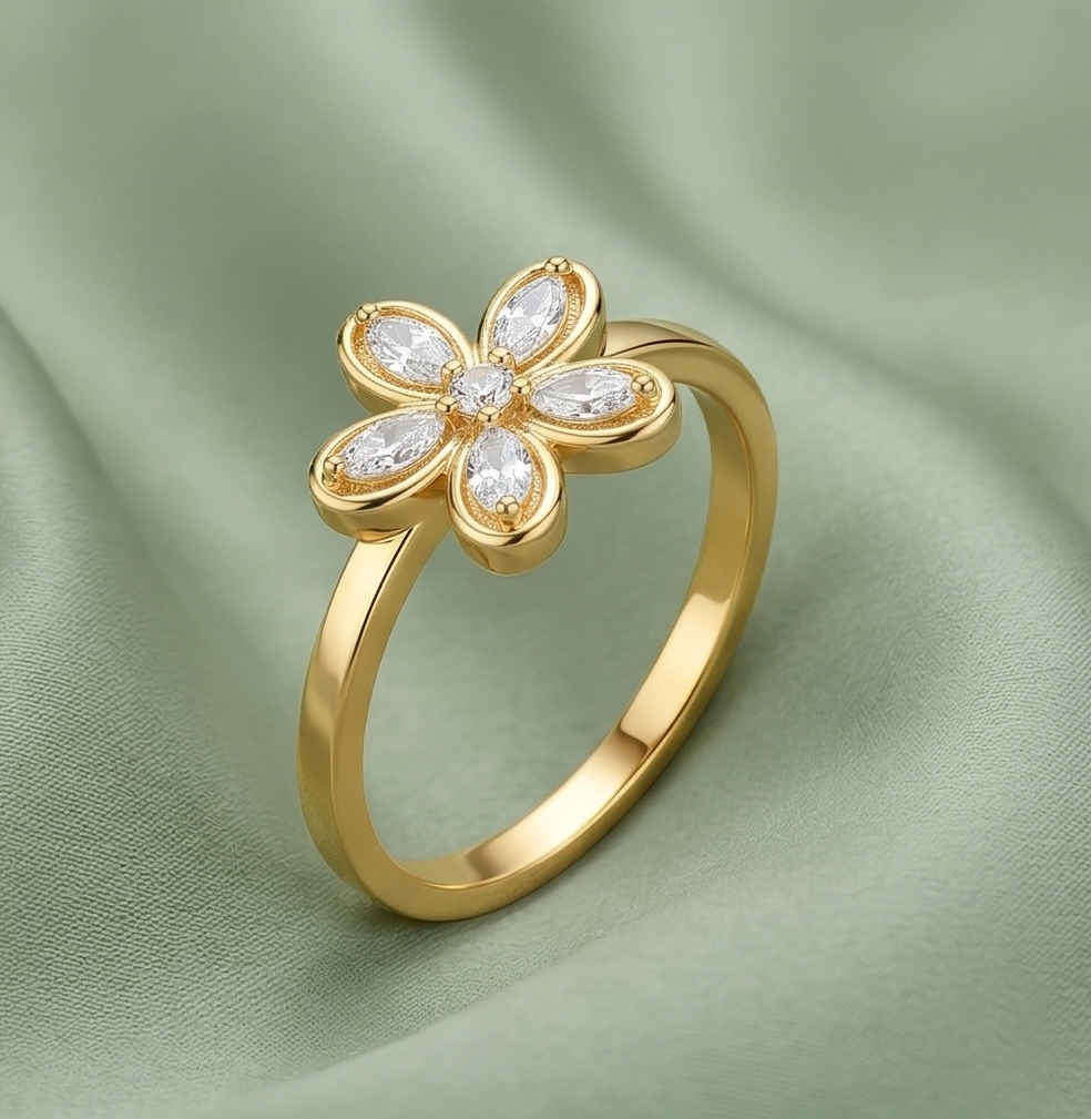 925 Sterling Silver Clear Floral Ring Yellow Gold Finish Jewellery for Women - Size 7