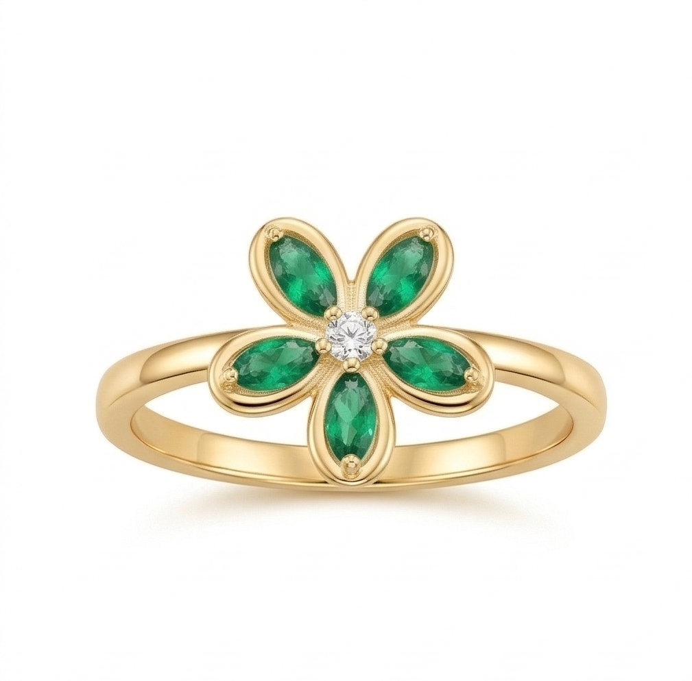 925 Sterling Silver Green Floral Ring Yellow Gold Finish Jewellery for Women - Size 9