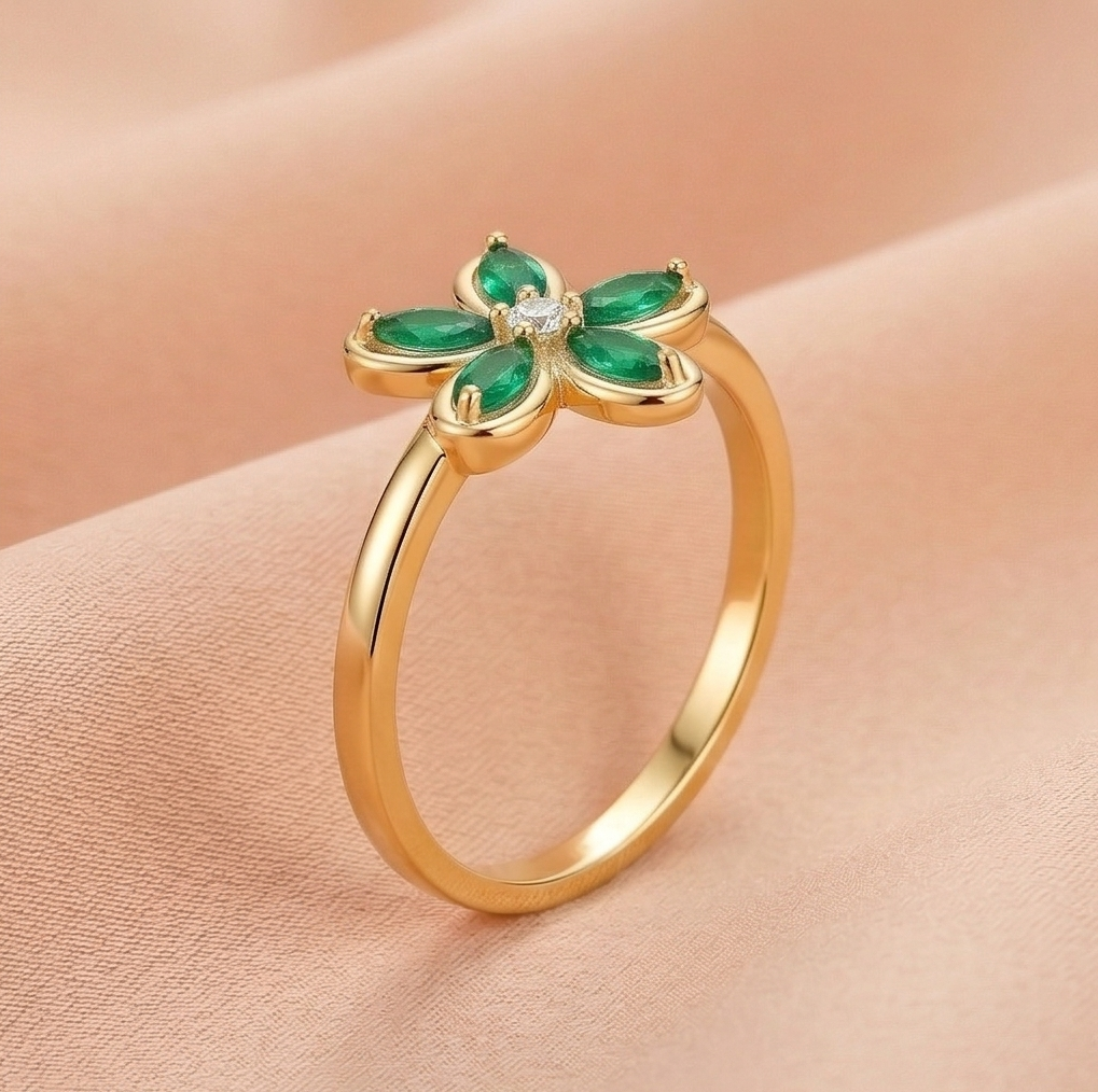 925 Sterling Silver Green Floral Ring Yellow Gold Finish Jewellery for Women - Size 9