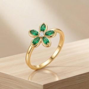 925 Sterling Silver Green Floral Ring Yellow Gold Finish Jewellery for Women - Size 9