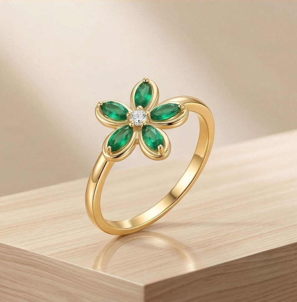925 Sterling Silver Green Floral Ring Yellow Gold Finish Jewellery for Women - Size 9