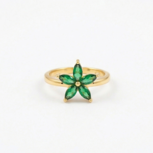 925 Sterling Silver Green Starburst Floral Ring Yellow Gold Finish Jewellery for Women - Size 7