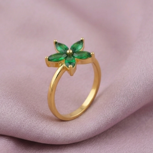 925 Sterling Silver Green Starburst Floral Ring Yellow Gold Finish Jewellery for Women - Size 7