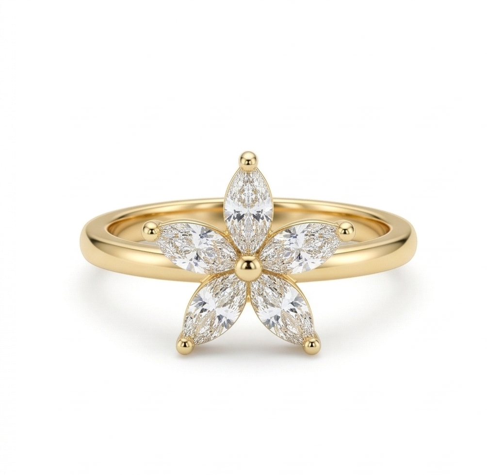 925 Sterling Silver Clear Starburst Floral Ring Yellow Gold Finish Jewellery for Women - Size 8